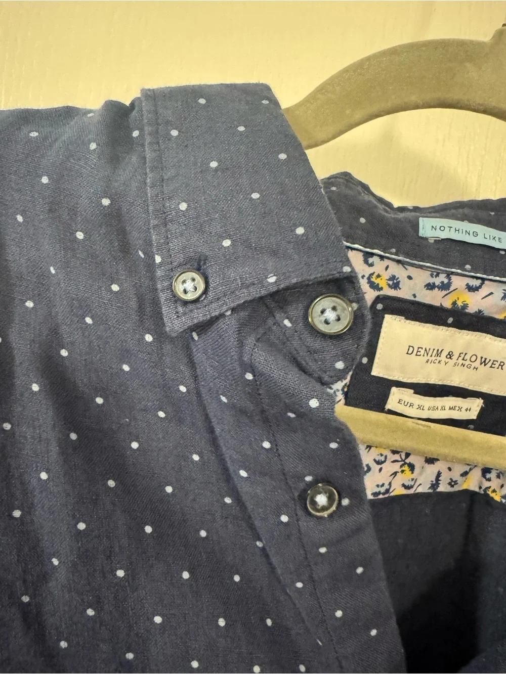 Denim & Flower 100% Linen Navy Short-Sleeve Dot Button-Down Shirt